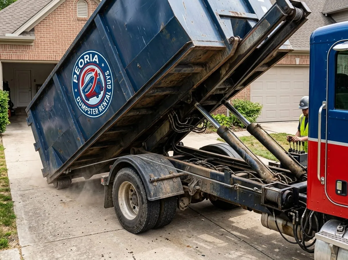 Peoria Dumpster Rental Guys fleet of roll-off dumpsters and trucks in Peoria, AZ